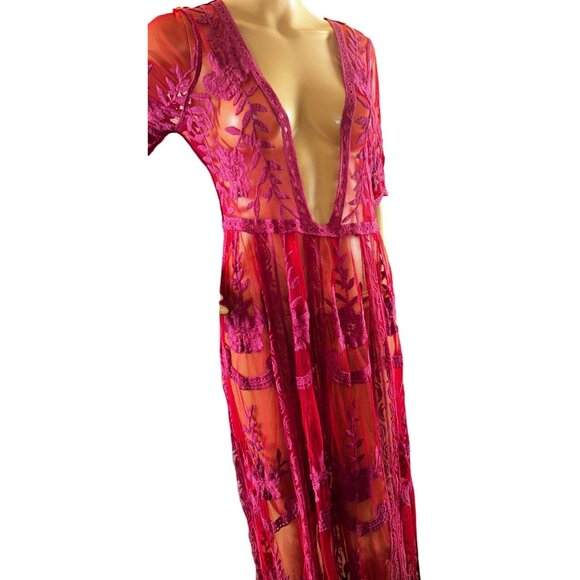 Sheer Floral Mesh Maxi Dress/Overlay with Plunge Neckline Fairy Castlecore - Picture 4 of 11
